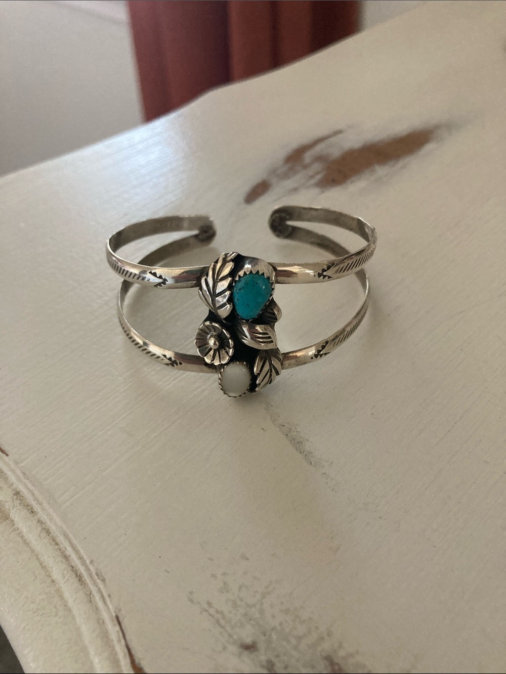 Turquoise & White Stone Sterling Silver Cuff Bracelet